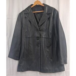 Venezia Black Leather Jacket Women's Size 18/20 Classic Button Front